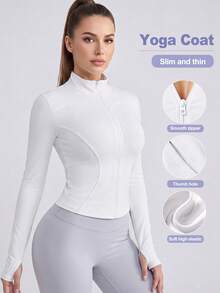 Women's Solid Color Stand Collar Activewear Jacket, Lightweight Full-Zip Yoga Jacket Suitable For Outdoor Running, Slim-Fit Design With Thumb Hole, Suitable For Indoor/Outdoor Sports - Gym Workout - Black - View 4
