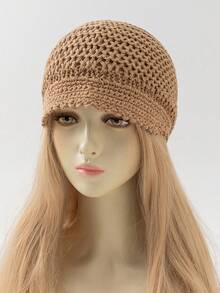 1pc Women's Fashionable Solid Color Versatile Hollow Thin Brimmed Handmade Crochet Beanie Hat, Suitable For Boho Style Daily Wear, Spring/Autumn - A - View 6