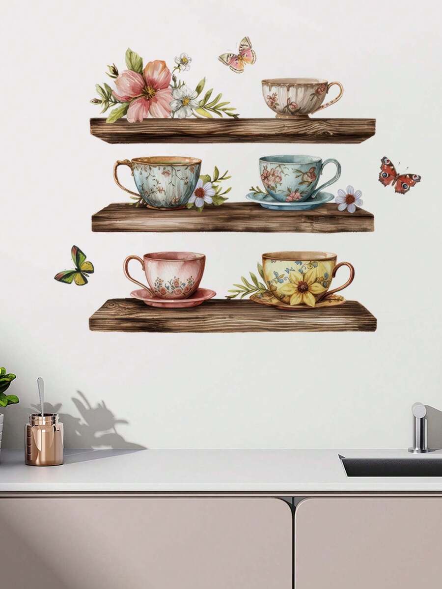 1件复古茶杯墙贴，花卉置物架贴纸，适用于厨房、餐厅、客厅、咖啡厅，易于搭配北欧/复古/ins风格 - 牆貼 - 查看 1