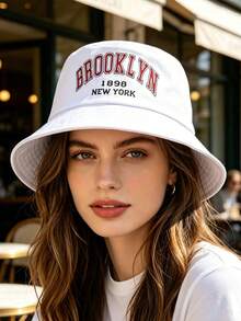 1 chiếc mũ tai bèo màu trắng kiểu dáng tiêu chuẩn với thiết kế BROOKLYN 1898 NEW YORK, mũ chống nắng unisex dành cho cả nam và nữ, phụ kiện cần thiết cho mùa hè, kỳ nghỉ, đi biển, du lịch. - Nhiều màu - Xem 3