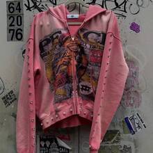 Women's 3D-Print Zip-Up Sweatshirt - Unisex Loose-Fit Streetwear Hoodie - 粉色 - 查看 2