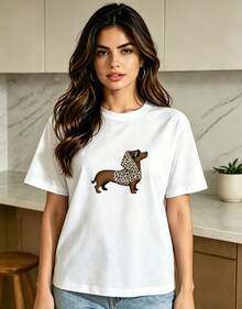 Women's Casual Cotton Round Neck Short Sleeve Regular Length T-Shirt With Unique Dog Graphic - 白色 - 查看 1