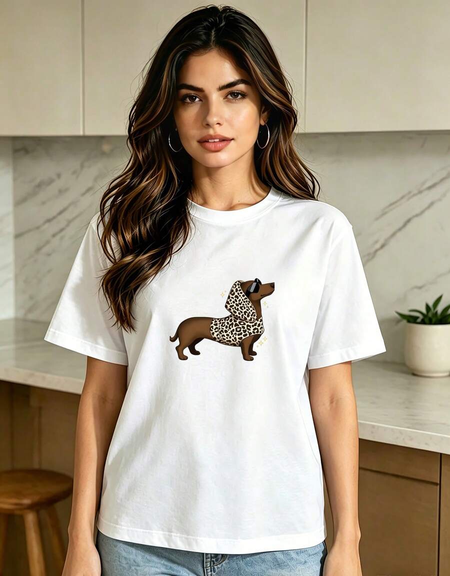 Women's Casual Cotton Round Neck Short Sleeve Regular Length T-Shirt With Unique Dog Graphic - 白色 - 查看 1