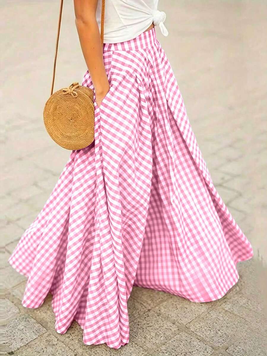 Women's Elegant Plaid Mid-Length Skirt, High Waist Flared Hem Skirt, Spring/Summer Pink