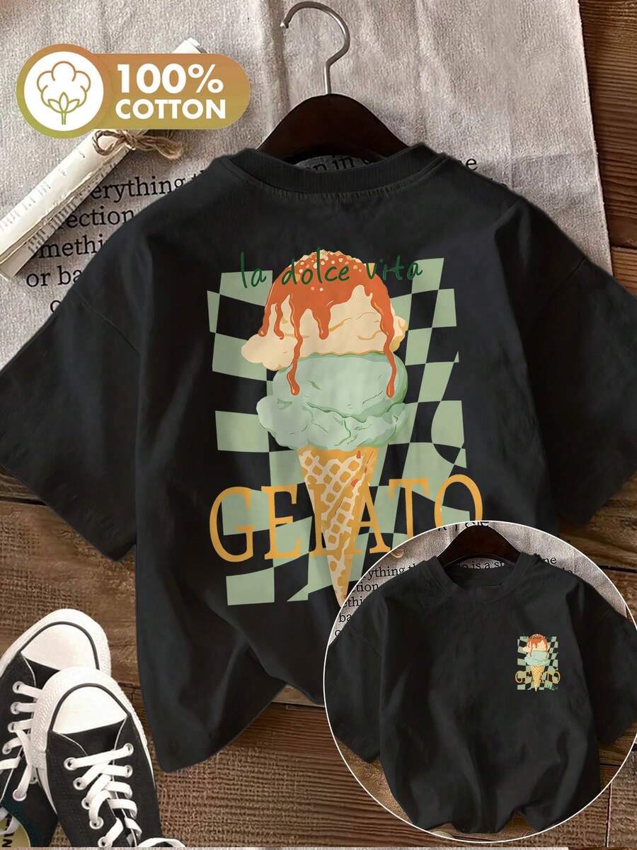 Summery Women's Top With A Double-Sided Italian-Style Print Featuring An Ice Cream And Check Pattern. La Dolce Vita GELATO Italia Printed Round Neck Short-Sleeve T-Shirt For Women - Black - View 1