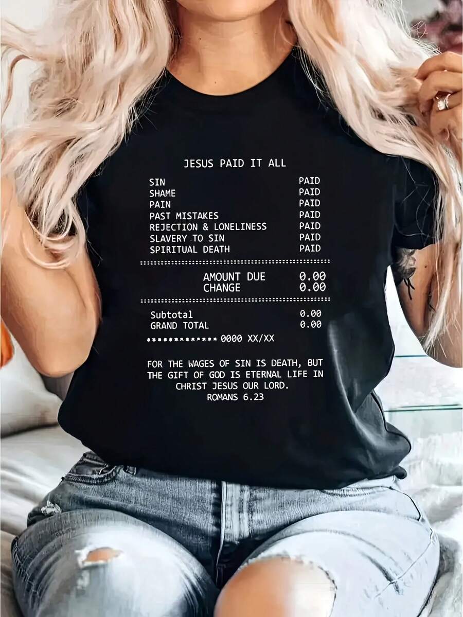 Women's T-Shirt With Inspired Print - Short Sleeve, Round Neck, Casual Style, "Jesus Paid The Price" Design, Black, Perfect For Spring And Summer, Women's T-Shirt - Urban Vintage Style, Unisex, Loose Fit, Cotton, Short Sleeve, Round Neck. - 黑色 - 查看 1
