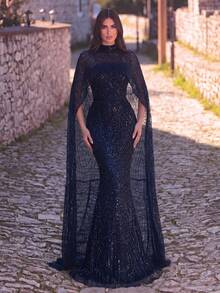 Faeriesty Đầm dạ hội cao cấp dành cho nữ - Đầm xòe dáng đuôi cá lấp lánh đính sequin, thích hợp cho đám cưới, sự kiện thảm đỏ và các buổi tiệc nghỉ dưỡng. - Màu xanh hải quân - Xem 5