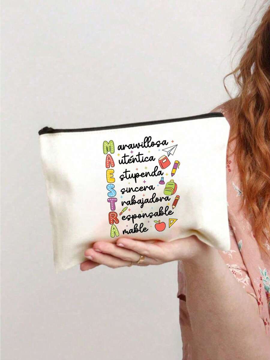 Colorful Maestra Letter & Rainbow Apple Print Cosmetic Bag, Cute & Spacious Storage Pouch, Daily Toiletry Bag, Multi-Functional Storage Bag, Lightweight Travel Handbag, Thoughtful Gift, Travel Souvenir For Friends, Essential Travel Organizer, Suitable For Work, School, Travel, Picnic, Camping, Outdoor Adventure, Valentine's Day Gift, Back To School Essential - Multicolor - View 1