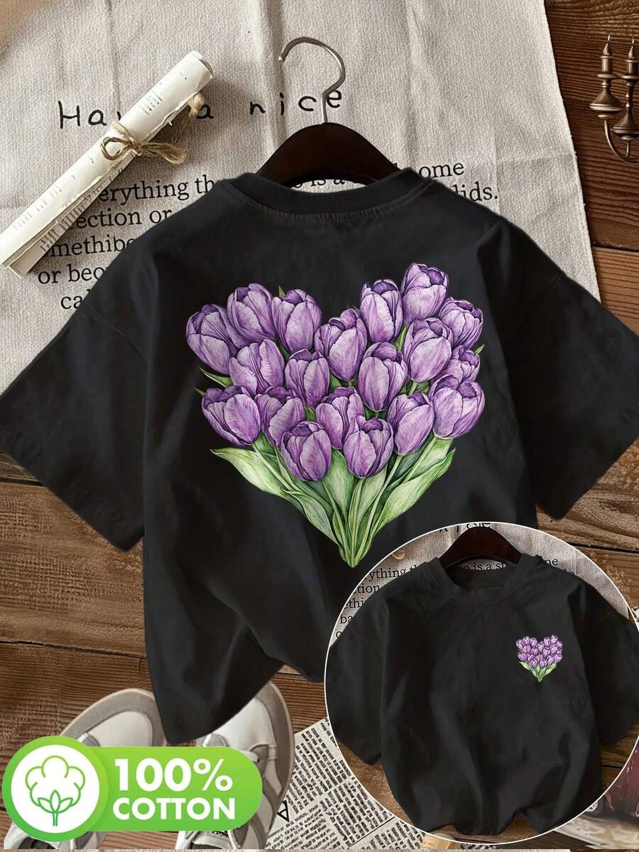 Sommartoppar [Dubbelsidigt tryck] Dam vår-/sommartoppar, fräsch stil, tulpanblomma- och gröna bladtryck, avslappnad kortärmad t-shirt med rund hals, bomulls-t-shirt, sommaroutfit. - Svart - Visa 1