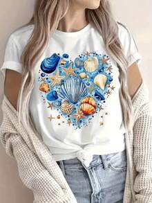 Kortärmad t-shirt med rent havsmönster, ropa för kvinnor - Vitt - Visa 4