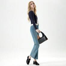 Women's High Waist Stretch Cropped Flared Jeans Slim Fit Casual Bell Bottom Denim Pants - Blue - View 2