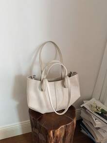 Women's Solid Color High-Quality Leather Large Capacity Handbag, Shoulder Bag, Tote Bag For Daily Use - Beige - View 2