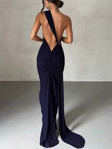 Vestido negro elegante de verano con espalda descubierta y drapeado - Azul marino - Ver 1