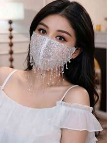 1pc Women's Fashion Faux Crystal Tassel Breathable High-Aesthetic Half Face Mask, Suitable For Party And Banquet Matching - Multicolor - View 2