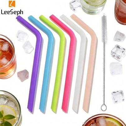6pcs Reusable Silicone Straws - 9.6 Inch Soft Short Beverage Straws, Includes 1 Cleaning Brush, Customizable Length, Suitable For Coffee, Juice, Cocktail, Tea Drinks