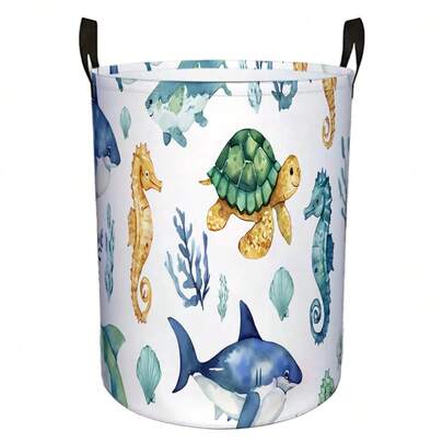 1PC Ocean Animal Print Collapsible Laundry Basket, Cute Sea Turtle Shark Seahorse Foldable Fabric Storage Bin With Handles For Kids Room Nursery Toys & Clothes