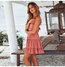 Vestido Sexy de Color liso para mujer, traje elegante con tirantes de encaje, empalme, ropa de playa, Verano - BLANCO - Ver 3