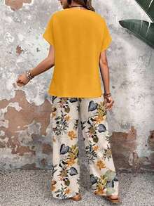 Conjunto de dos piezas para mujer, blusa casual de cuello redondo color amarillo sólido y pantalones anchos con estampado floral, estilo versátil y cómodo, ideal para primavera, otoño, uso diario, salidas y vacaciones - Multicolor 6 - Ver 6