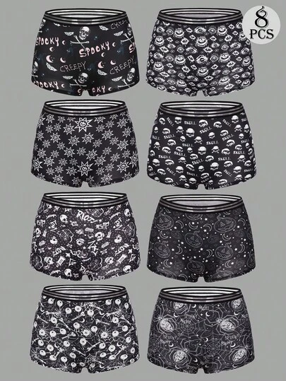 Dircho 8 Stück Damen Gothic Halloween Totenkopf Muster Kontrastbindung Panties, bequeme elastische Taille Wäsche, Damen Lingerie & Unterwäsche