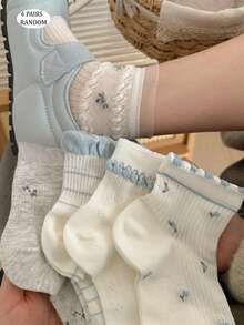 4 pares de calcetines cortos para mujer, estilo minimalista y cómodo, versátiles calcetines cortos con estilo de bosque, calcetines cortos con encaje floral y flores, calcetines casuales para estudiantes, adecuados para vacaciones, uso diario, trabajo, deportes, primavera/verano/otoño, colores aleatorios - Multicolor - Ver 13