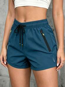 Women's Casual Sports Shorts, Elastic Waist With Drawstring, Suitable For Running, Sports, And Casual Wear In Summer - Teal Blue - View 4