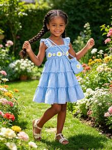 Girls' Sleeveless Daisy & Plaid Print Dress With Bag, Casual Outfit For Daily Wear, Summer - Baby Blue - View 3