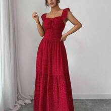 French Elegant Casual Vacation Square Neck Lotus Leaf Flying Sleeves Polka Dot Print Texture Plaid Woven Chiffon Material Back Tie Pleated Large Skirt Spring And Summer Red Women Dress Summer Summer Women Skirt Long Skirt Vacation Dress Women Polka Dot Dress Elegant Women Dress Women Summer Dress Red Dress Flowing Skirt Summer Dress - Azul Marino - Ver 5