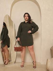 Chemise Dress Viscolinho Plus Size, Elegant, Lightweight, All Curve - 軍綠色 - 查看 7