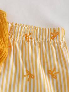 Conjunto de Regata Casual Fofa com Listras Amarelas e Tecido Texturizado + Shorts com Estampa Digital e Decoração Floral 3D, Conjunto Minimalista de 2 Peças para Meninas, Primavera/Verão - Amarelo - Visão 6