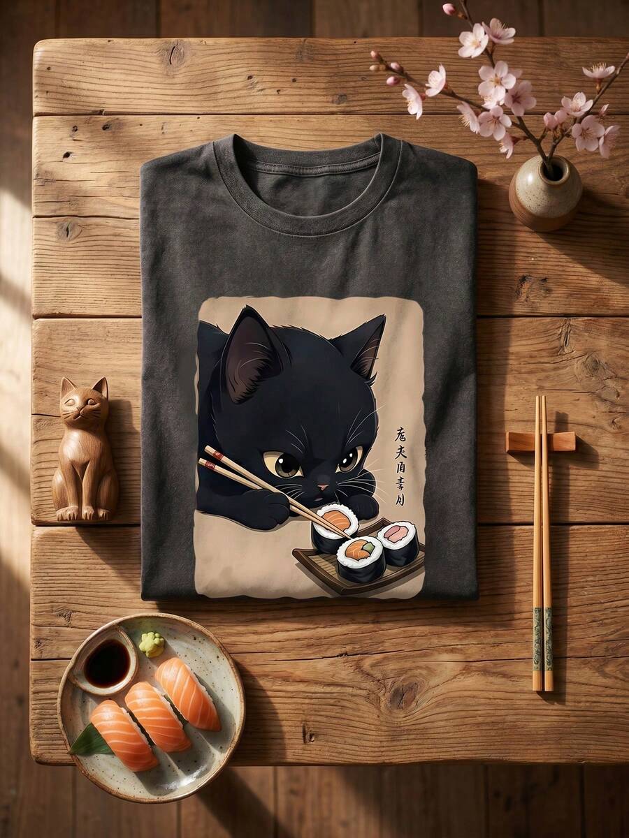 Áo thun ngắn tay nữ cỡ lớn in hình mèo đen hoạt hình Nhật Bản và sushi, cổ tròn, kiểu dáng vintage rách rưới, phong cách dễ thương thường ngày, trang phục nữ đa năng, phù hợp cho đi làm hàng ngày, người yêu mèo, mẫu áo mới mùa xuân/hè, mùa tốt nghiệp/tái nhập học. - màu đen - Xem 1