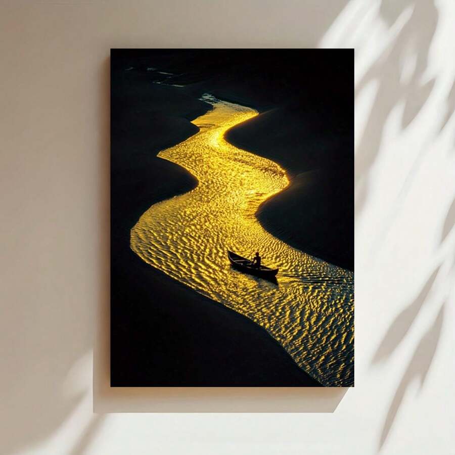 Enmarcado de pared 2D plano de 1 pieza con reflejos del río dorado - Diseño moderno vintage con marco de , póster impreso de alta calidad, elegante decoración para el hogar y la oficina en la sala de estar, dormitorio, cocina, baño, estilo art déco, orientación vertical para interiores, para cocina | Póster estilo art déco | Lienzo impreso de calidad, decoración de pared - Enmarcado - Ver 1