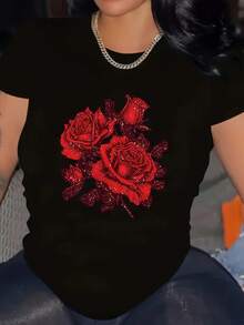 Patrón floral, cómoda camiseta de cuello redondo, lavable a máquina, adecuada para todas las estaciones, el mejor regalo para amigos y familiares. - Negro - Ver 1