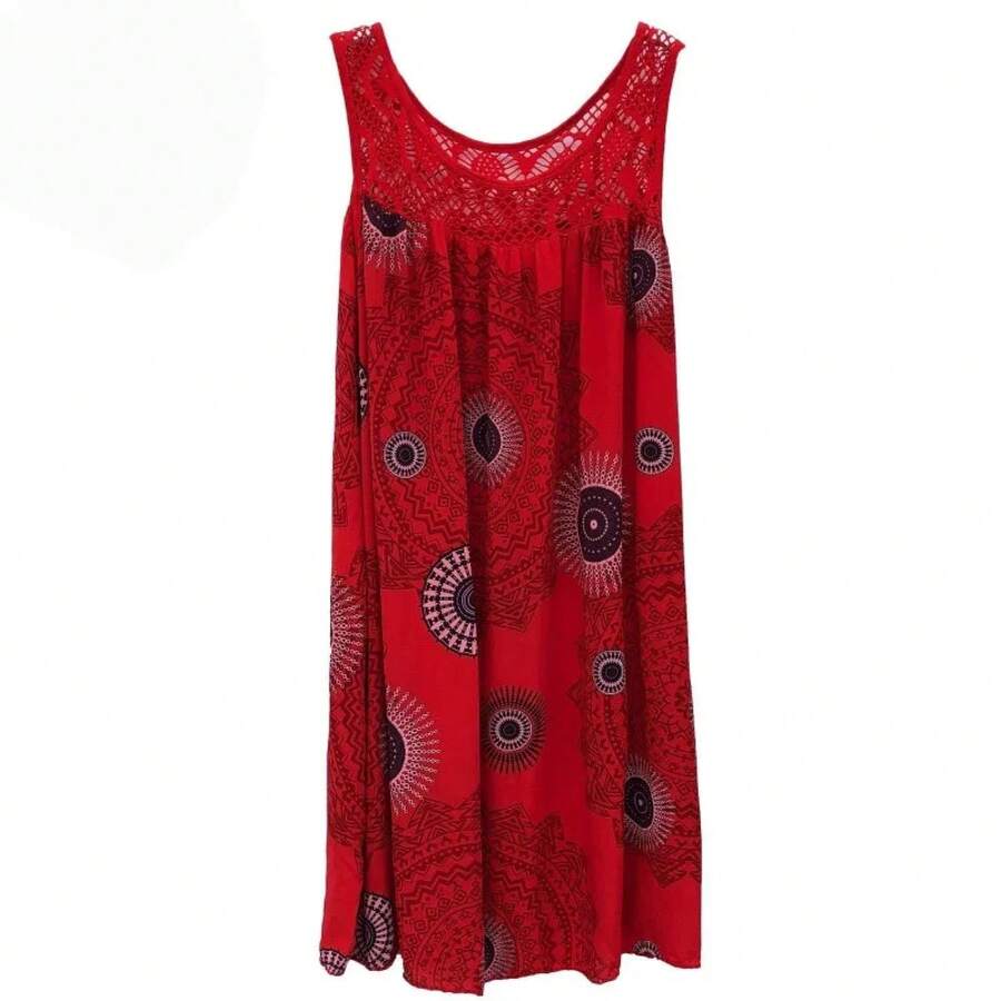 Ropa de mujer, vestido camisola sin mangas de verano con estampado de encaje sin mangas, vestido sexy holgado con vuelo grande, falda larga de talla grande - Gran Rojo - Ver 1