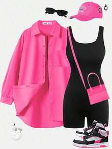 Conjunto a juego de 2 piezas de estilo Y2K streetwear: camisa holgada de color rosa intenso con botones y pantalones cortos ajustados de body negro - Conjunto de ropa deportiva para mujer para viajes en avión, casual de verano (Conjunto de chánda - Multicolor 2 - Ver 8