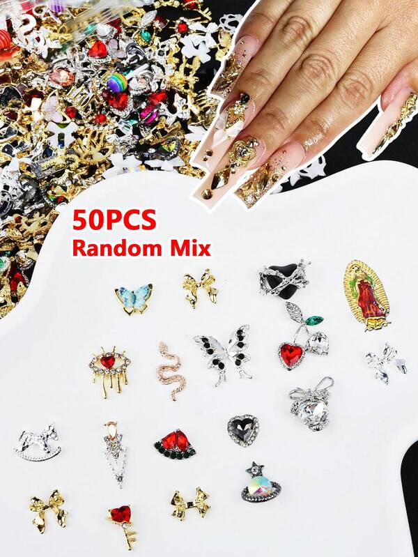 50pcs Assorted Nail Art Decorations, Mixed Designs (Actual Products May Differ From Images). Fashionable Nail Accessories Designed For Women & Girls