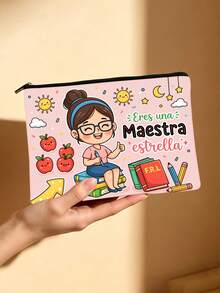 Maestra（西班牙语教师）印花化妆包，可爱彩虹苹果主题拉链袋 - 彩色 - 查看 3