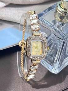 5pcs Fashionable & Elegant Pearl Bracelet Watch Set, Luxury Fully Rhinestone Quartz Watch With Diamond Jewelry Bracelet Combo, Suitable For Festivals, Parties, Weddings, Daily Wear, Best Gift For Women - Gold - View 3
