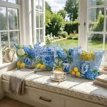 4pcs Set Simple Daily Blue & White Porcelain Lemon Pattern Throw Pillow Cover, Single-Sided Printed Peach Velvet Material, 45*45CM Cushion Cover Suitable For Modern Minimalist Sofa Living Room Decor, Gift, Party Decoration - Multicolor - View 9