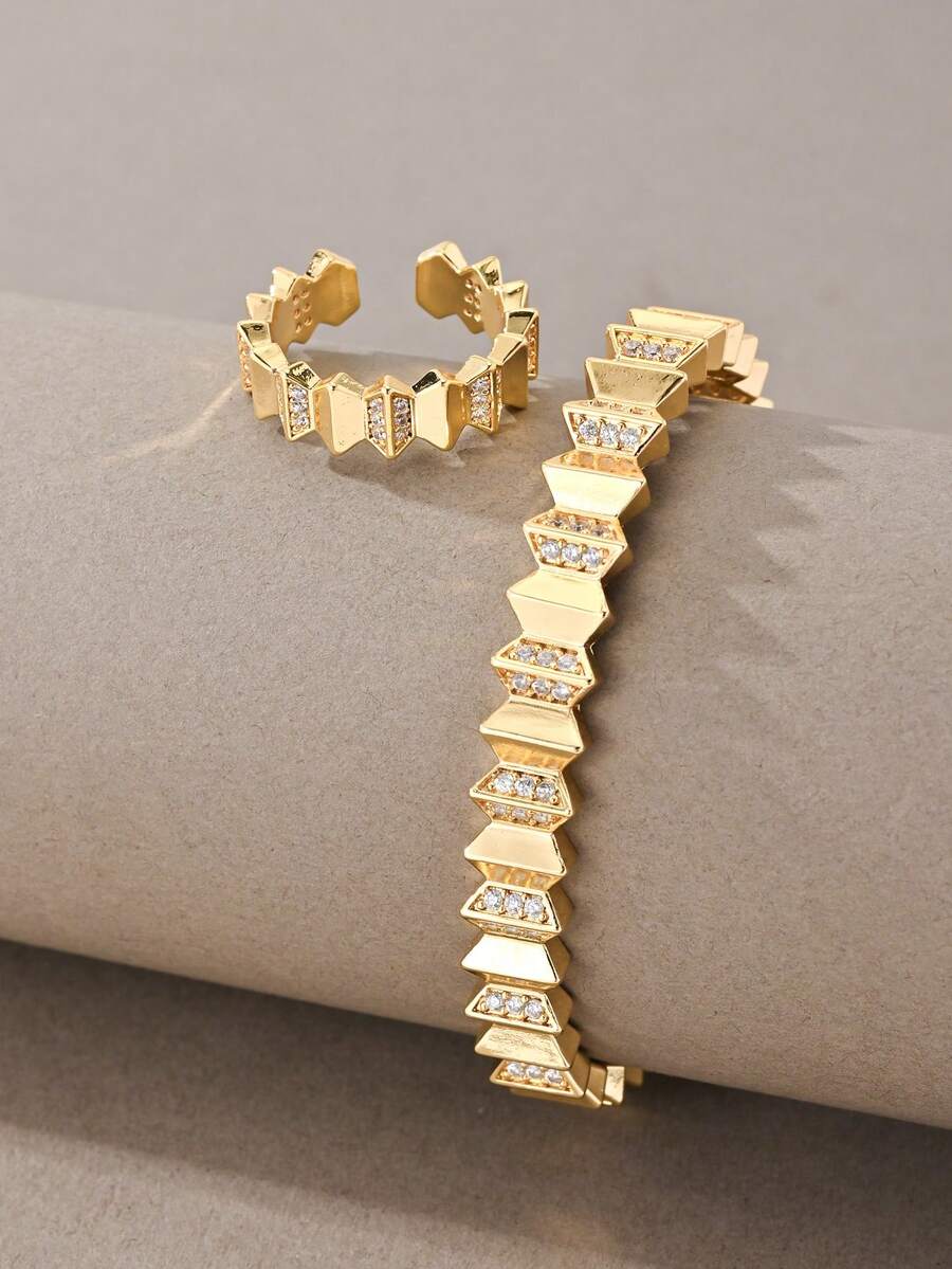 Gold Bangle, Versatile Copper Inlaid Zirconia, Suitable For Daily, Gatherings, Dates, Enhances Elegance - Gold - View 1