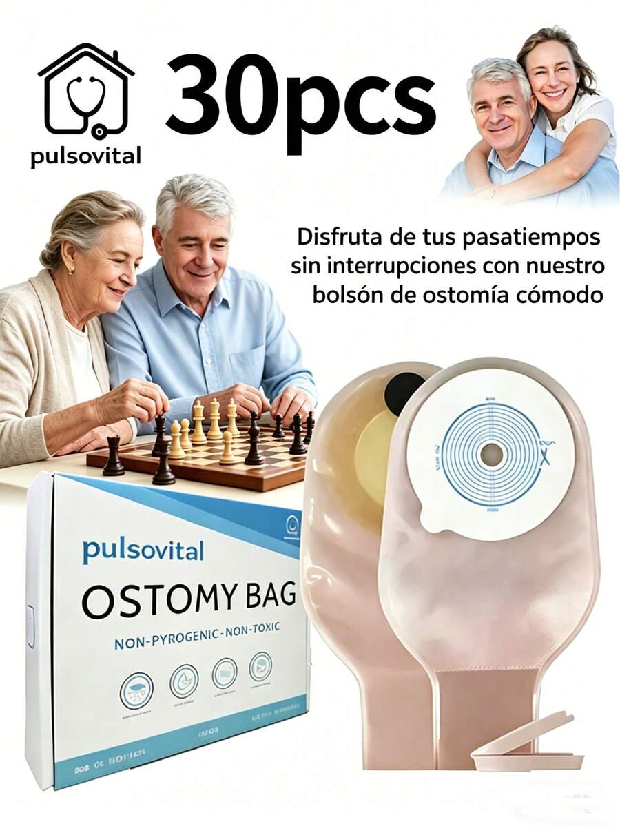 Bolsa de Colostomía Pulsovital 30 piezas, Bolsa de Drenaje de Ostomía Recortable 15-76mm, Adhesiva, Transparente y Sin Olor para Cuidado Diario