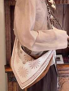 1pc New Arrival Niche Design Linen Bohemian Style Shoulder Crossbody Bag, Women's Large Capacity Handbag, Lightweight, Suitable For Boho Outfits - Hình vuông màu be - Xem 6