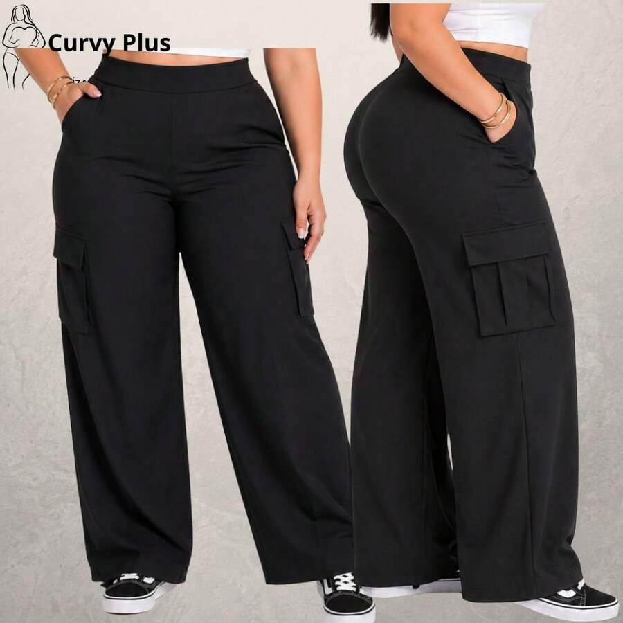 Wide Leg Cargo Plus Size Tailored Pants Women's High Waist, Women's Wide Leg Formal Pants Plus Size Wide Leg Cargo Tailored Premium Plus Size High Waist Formal Plus Size High Waist Casual Fashion Work Evening Large Sizes 46 To 56 - màu đen - Xem 1