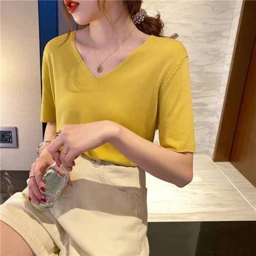 Suéteres de punto con cuello en V para mujer, jerseys nuevos de manga corta, suéter de punto blanco, tops para mujer, suéter femenino Q3450 - Amarillo - Ver 1