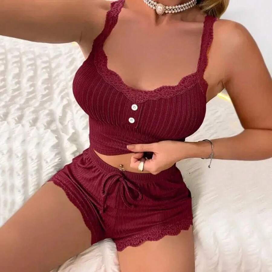 Conjuntos de Pijama para mujer, Pijama, conjunto de verano para mujer, ropa de dormir Sexy para mujer, pantalones para dormir, ropa interior para dormir - rojo óxido - Ver 1