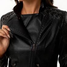 Women's Slim Fit Faux Leather Jacket Short Motorcycle Style Zip Up Casual Spring Autumn Coat - Coffee - View 2