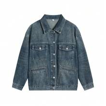Women's Oversized Denim Jacket Boyfriend Style Loose Fit Drop Shoulder Casual Retro Autumn Coat - Vintage Blue - View 2