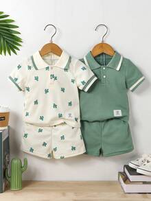 4pcs/Set Baby Boy Summer New Cactus Print & Solid Waffle Polo Collar Half-Open Shirt And Shorts Casual Fashion Outfit - Green - View 1