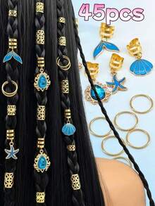 45 piezas Conjunto de accesorios para el cabello de estilo bohemio de playa, scrunchies y pinzas de pelo con estrellas de mar doradas, conchas y perlas, decoraciones de cabello de estilo oceánico de verano para mujeres, pinza de pelo, fiesta - Multicolor - Ver 8