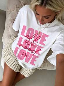 女士甜美中性白圆领T恤 - “LOVE”字母印花，休闲简约宽松短袖上衣 - 夏季百搭必备单品 - 白色 - 查看 4