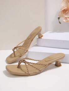 Sandalias de tacón alto con punta abierta tejidas y anudadas, sandalias deslizantes de punta cuadrada minimalistas, versátiles para vacaciones y estilo callejero - Caqui - Ver 2